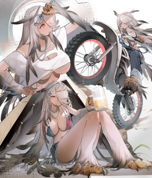 1girl animal_hands animal_legs bikini bird_girl breasts chain claws commentary denim gear_hair_ornament hair_over_one_eye holding jeans kyuri_tizu large_breasts long_bangs monster_girl motor_vehicle motorcycle multiple_views original pants simple_background solo swimsuit underboob white_hair yellow_eyes