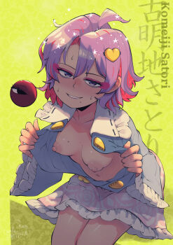 1girl ahoge blush breasts buttons carte clenched_teeth eyeball fingernails flashing hair_ornament half-closed_eyes heart heart_button heart_hair_ornament highres komeiji_satori looking_at_viewer mole mole_on_breast navel nipples nose open_clothes puffy_nipples shaded_face simple_background sitting small_breasts smile solo sweat sweatdrop teeth third_eye touhou yellow_background