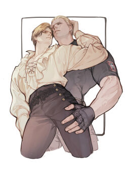 2boys absurdres bara belt black_belt black_gloves black_pants black_shirt blonde_hair brown_hair closed_mouth couple cropped_legs fingerless_gloves frilled_shirt frills gloves grey_pants highres jack_krauser leon_s._kennedy looking_at_another male_focus multiple_boys muscular muscular_male official_alternate_costume pants resident_evil resident_evil_4 resident_evil_4_(remake) scar scar_across_eye scar_on_face scar_on_mouth shirt short_hair vetania white_shirt yaoi