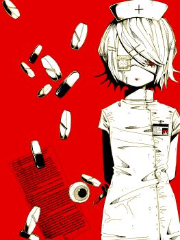 Rule 34 | 1girl, akaname (akaname 404), commentary request, cowboy shot, dress, eyeball, eyepatch, greyscale with colored background, hair ornament, hairclip, hat, highres, holding, holding behind back, holding syringe, id card, kagamine rin, looking at viewer, medical eyepatch, melting, nurse, nurse cap, pill, red background, red eyes, ringed eyes, short hair, solo, spot color, straight-on, syringe, vocaloid, white dress