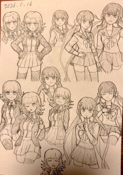 Rule 34 | 2girls, :d, blush, breasts, commentary request, danganronpa (series), danganronpa 2: goodbye despair, danganronpa v3: killing harmony, dated, dress shirt, flipped hair, grin, hair ornament, hair scrunchie, hand up, harukawa maki, highres, jacket, kirin (suzoke 1), large breasts, long hair, long sleeves, looking at viewer, low twintails, miniskirt, mole, mole under eye, monochrome, multiple girls, nanami chiaki, neck ribbon, open clothes, open jacket, open mouth, pleated skirt, pout, ribbon, sailor collar, scrunchie, shirt, skirt, smile, teeth, twintails