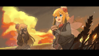 2girls absurdres alternate_costume bag black_hat blonde_hair blue_eyes bow bowtie brown_bag brown_cardigan brown_shirt brown_skirt brown_vest camera cardigan chinese_commentary cloud collared_shirt commentary_request cup disposable_cup dress dual_persona edsky0309 evening hat hat_bow highres holding holding_camera holding_cup letterboxed lily_black lily_white long_hair multiple_girls open_cardigan open_clothes open_mouth outdoors pink_wings pleated_skirt red_bow red_bowtie shirt shoulder_bag skirt smile taking_picture touhou very_long_hair vest white_dress white_hat wings