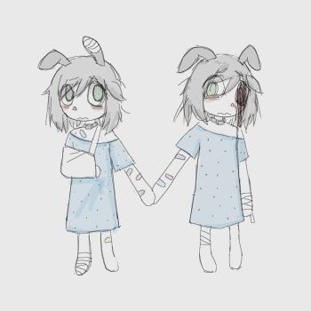 2girls animal_ears bandaged_arm bandaged_ear bandaged_foot bandages bandaid bandaid_on_arm bandaid_on_foot blood blood_on_face closed_mouth collarbone grey_hair guro highres holding_hands hospital_gown injury looking_at_another mentha_(menthalovely) mint_(menthalovely) multiple_girls original rabbit_ears short_hair simple_background wavy_mouth white_background
