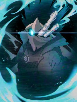 black_jacket blue_eyes blue_fire exhaust_pipe fire glowing glowing_eye highres jacket jinri kirby_(series) kirby_air_ride kirby_air_riders looking_at_viewer nintendo noir_dedede one-eyed solo torn_clothes torn_jacket