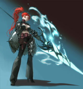 Rule 34 | 1girl, absurdres, arm at side, arm shield, armor, arowana2111, belt, belt pouch, black background, black pants, black shoes, blue background, breasts, brown belt, cape, commentary, couter, crop top, dated commentary, earrings, energy weapon, english commentary, full body, fur cape, gauntlets, high heels, high ponytail, highres, holding, holding polearm, holding weapon, jewelry, large breasts, midriff, navel, original, outstretched arm, pants, pauldrons, polearm, ponytail, pouch, profile, red hair, rerebrace, shadow, shoes, shoulder armor, solo, standing, stud earrings, two-tone background, weapon