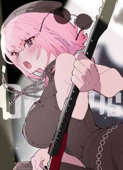 +_+ 1girl absurdres alternate_costume bare_arms beanie black_pants black_vest blush breasts from_side guitar hat high-waist_pants highres holding holding_guitar holding_instrument hololive hololive_english instrument kamiya_maneki lapels long_hair looking_at_viewer mori_calliope mori_calliope_(the_story_thus_far) notched_lapels official_alternate_costume open_mouth pants pink_eyes pink_hair solo star-shaped_pupils star_(symbol) sunglasses symbol-shaped_pupils teeth upper_teeth_only vest virtual_youtuber