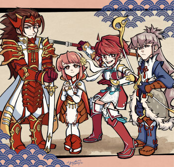 Rule 34 | 2boys, 2girls, ahoge, armor, bow (weapon), commentary, english commentary, fire emblem, fire emblem fates, grey hair, hair between eyes, hair ribbon, highres, hinoka (fire emblem), holding, holding bow (weapon), holding polearm, holding sword, holding weapon, katana, looking at viewer, multiple boys, multiple girls, naginata, nintendo, polearm, ribbon, ryoma (fire emblem), sakura (fire emblem), smile, sword, takumi (fire emblem), weapon, xxannettemariexx