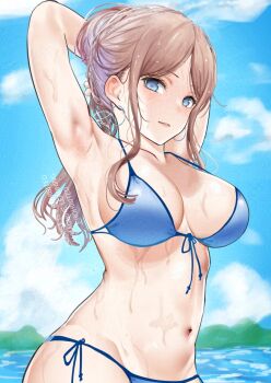 1girl adversarial_noise armpits bang_dream! bang_dream!_it&#039;s_mygo!!!!! blue_background breasts brown_hair cleavage commentary_request highres large_breasts nagasaki_soyo navel noir_(nowaru) open_mouth parted_lips sidelocks solo stomach wet