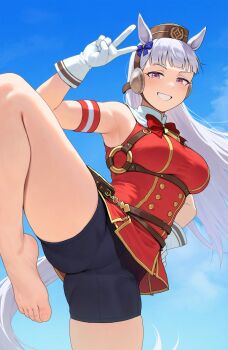 1girl animal_ears armpits bare_legs bare_shoulders barefoot belt bike_shorts black_shorts blue_sky blunt_bangs blush bow bowtie breasts buttons cloud day double-breasted dress ear_covers feet gloves gold_ship_(umamusume) grey_hair grin hand_on_own_hip hat highres horse_ears horse_girl horse_tail kenken2022257 large_breasts leg_up legs long_hair looking_at_viewer medium_breasts outdoors pillbox_hat purple_eyes red_bow red_dress shirt shorts shorts_under_dress sky sleeveless sleeveless_dress smile soles solo standing standing_on_one_leg tail teeth thighs toenails toes umamusume v white_gloves white_hair