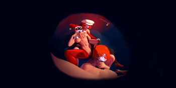 1boy 3girls absurdres artist_name batman_(series) batman_beyond dc_animated_universe dc_comics dee_dee_(batman) deidre_dennis delia_dennis domino_mask eye_mask grandmother_and_granddaughter harley_quinn harley_quinn_(classic) highres incest mask multiple_girls panorama queen_complex siblings twins