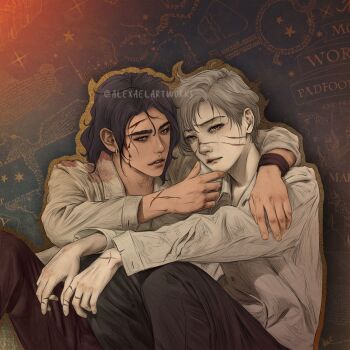 2boys alexaelartworks arm_around_neck black_hair blood blood_on_face brown_eyes closed_mouth collar crying earrings facial_scar grey_eyes grey_hair hair_between_eyes hand_on_another's_chin harry_potter_(series) jewelry looking_at_another male_focus multiple_boys multiple_scars parted_lips remus_lupin scar scar_on_arms scar_on_cheek scar_on_face scar_on_forehead scar_on_hand scar_on_nose shirt short_hair sirius_black sitting tears teeth thick_eyebrows twitter_username wing_collar wizarding_world wounds yaoi