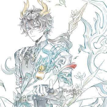 Rule 34 | 1boy, absurdres, black hair, black shirt, commentary request, dan heng (honkai: star rail), dan heng (permansor terrae) (honkai: star rail), dated, dragon boy, dragon horns, dragon tail, earclip, eyeliner, fingerless gloves, gloves, highres, holding, holding behind back, holding weapon behind back, honkai: star rail, honkai (series), horns, long hair, long sleeves, looking at viewer, makeup, male focus, parted lips, pointy ears, polearm, ponytail, red eyeliner, shirt, signature, simple background, solo, tail, upper body, weapon, white background, yellow horns, yellow pupils, yizhixiaopomao