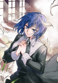 Rule 34 | 1204ryuu, 1girl, black dress, blue eyes, blue hair, church, ciel (tsukihime), commentary request, cross, cross necklace, dress, flower, happy, highres, indoors, interlocked fingers, jewelry, long sleeves, looking at viewer, necklace, nun, own hands clasped, own hands together, palms together, praying, rosary, short hair, smile, solo, tsukihime, tsukihime (remake), white flower