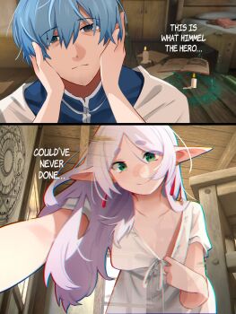 1boy 1girl bed before_sex blue_eyes blue_hair book candle chromatic_aberration demon earrings fantasy frieren green_eyes himmel_(sousou_no_frieren) hologram illusion inminent_sex invocation jewelry khyle. magic pajamas pentagram pervert pointy_ears sousou_no_frieren spell undressing white_hair window