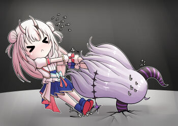 >_< 2girls :< absurdres ahoge aqua_bow aqua_sash black_background black_horns blue_footwear blue_skirt boots bow commentary demon_girl demon_horns demon_tail double_bun english_commentary flying_sweatdrops full_body gradient_hair grey_hair hair_bun highres hololive hololive_idol_uniform_(bright) horns huge_horns jacket la+_darknesss layered_skirt leg_grab long_hair multicolored_hair multiple_girls nakiri_ayame oni open_clothes open_jacket outline puffy_short_sleeves puffy_sleeves pulling purple_horns red_footwear red_hair red_skirt sash sash_bow seapupu shirt short_sleeves simple_background skin-covered_horns skirt striped_bow striped_horns striped_sash stuck tail two-sided_fabric two-sided_skirt two-tone_footwear two-tone_hair two_side_up very_long_hair virtual_youtuber white_bow white_hair white_jacket white_outline white_sash white_shirt white_skirt wrist_cuffs