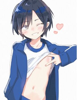 1boy black_hair blue_jacket blush clothes_lift grey_eyes grin heart highres jacket looking_at_viewer male_focus navel nipples one_eye_closed original paragasu_(parags112) shirt shirt_lift short_hair shota simple_background smile solo spread_nipples stomach track_jacket white_background white_shirt