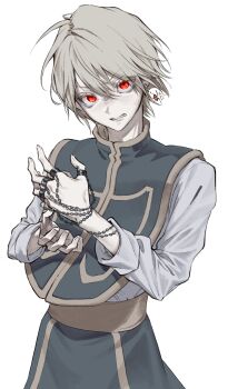 Rule 34 | 1boy, absurdres, blonde hair, blue tabard, closed mouth, earrings, hand chains, hashtag-only commentary, highres, hunter x hunter, jewelry, kurapika, long sleeves, male focus, quiwne, red eyes, short hair, simple background, solo, tabard, white background