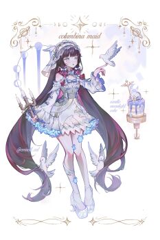 Rule 34 | 1girl, :o, adapted costume, bird, black hair, blue bow, blush, bow, bowtie, candle, character name, columbina (genshin impact), commentary, dress, emiroll art, eye mask, frilled hairband, frills, genshin impact, hair bow, hairband, hand up, highres, holding, long hair, long sidelocks, long sleeves, looking at animal, mask, multicolored hair, open mouth, purple eyes, purple hair, shoes, sidelocks, solo, twitter username, unusually open eyes, veil, very long hair, white background, white bird, white bow, white bowtie, white dress, white hairband, white shoes, white sleeves, white veil