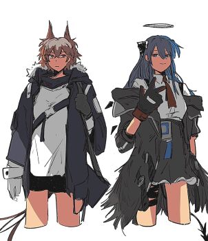 2girls angel arknights asymmetrical_gloves bag belt bird_girl bird_tail black_bag black_coat black_gloves black_halo black_jacket black_shorts black_skirt blue_eyes blue_hair breasts closed_mouth coat collared_shirt commentary cosplay costume_switch cropped_legs demon_horns demon_tail detached_wings double-parted_bangs energy_wings feather_hair fiammetta_(arknights) fiammetta_(arknights)_(cosplay) fur-trimmed_jacket fur_trim gloves hair_between_eyes halo highres holding_strap horns jacket light_frown long_hair long_sleeves medium_breasts mismatched_gloves mostima_(arknights) mostima_(arknights)_(cosplay) multicolored_hair multiple_girls necktie off_shoulder open_clothes open_coat open_jacket red_eyes red_gloves red_hair red_necktie ronsudsud shirt short_hair short_necktie short_shorts shorts simple_background skirt smile suspender_skirt suspenders symbol-only_commentary tail three-quarter_sleeves two-tone_gloves two-tone_hair w white_background white_gloves white_hair white_shirt wide_sleeves wings