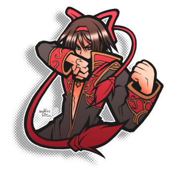 1boy 2000s_(style) 2008 black_coat brown_eyes brown_hair coat commentary_request fighting_stance gold_trim hair_between_eyes hair_ribbon hairband long_sleeves looking_at_viewer male_focus multicolored_coat priest_(ragnarok_online) ragnarok_online red_coat red_hairband red_ribbon ribbon ryuu_(5lden_age) short_hair simple_background solo two-tone_coat upper_body v-shaped_eyebrows white_background
