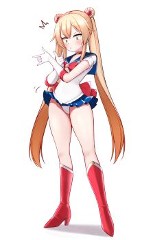1girl absurdres back_bow bishoujo_senshi_sailor_moon blonde_hair blue_sailor_collar blue_skirt boots bow brown_eyes choker cosplay cowboy_shot dilated_pupils double_bun elbow_gloves full_body gloves hair_bun highres kantai_collection leotard long_hair magical_girl pleated_skirt red_boots red_bow red_choker sailor_collar sailor_moon sailor_moon_(cosplay) sailor_moon_pose sailor_senshi_uniform shimakaze_(kancolle) simple_background skirt smile solo_focus tiemu_(man190) tsuki_ni_kawatte_oshioki_yo twintails v-shaped_eyebrows white_background white_gloves white_leotard wind wind_lift