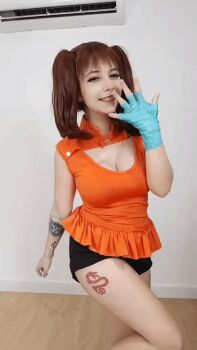 Rule 34 | 1girl, animated, animated gif, brown hair, cleavage cutout, clothing cutout, cosplay, dancing, diane (nanatsu no taizai), diane (nanatsu no taizai) (cosplay), long hair, nanatsu no taizai, photo (medium), real life, shorts, sleeveless, tattoo, twintails, yuno the loose