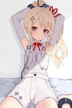 1girl ahoge armpits arms_up badao blonde_hair blush chain chained commentary_request detached_sleeves dot_nose flat_chest fortissimo hair_ornament highres hololive hololive_dev_is long_hair musical_note musical_note_hair_ornament official_alternate_costume otonose_kanade otonose_kanade_(regloss_uniform) red_ribbon ribbon side_ponytail sweatdrop virtual_youtuber