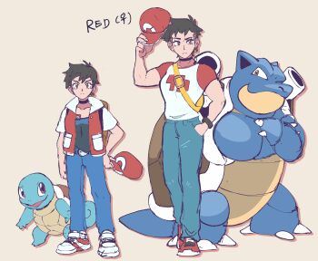 1girl absurdres baseball_cap blastoise brown_eyes brown_hair closed_mouth commentary english_commentary gen_1_pokemon genderswap genderswap_(mtf) hat highres holding jacket juno_son mega_stone nintendo pants pokemon pokemon_(creature) red_(pokemon) red_hat shirt short_hair short_sleeves spiked_hair squirtle tail