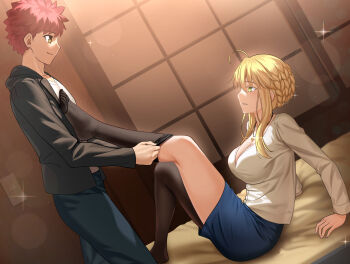 1boy 1girl absurdres ahoge alternate_legwear artoria_pendragon_(fate) artoria_pendragon_(lancer)_(fate) besmiled black_jacket black_thighhighs blonde_hair blue_skirt blush braid breasts cleavage commission emiya_shirou fate/grand_order fate/stay_night fate_(series) feet green_eyes hair_between_eyes highres jacket jewelry large_breasts long_hair long_sleeves miniskirt necklace pixiv_commission shirt short_hair sidelocks skirt smile thighhighs thighs toes white_shirt