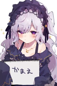 1girl bow commentary crescent crescent_necklace dress empty_eyes frilled_dress frills gothic_lolita hair_over_one_eye hairband headband holding holding_sketchbook jewelry lolita_fashion lolita_hairband long_hair looking_at_viewer magical_girl mahou_shoujo_no_majo_saiban messy_hair natsume_an-an necklace polka_dot polka_dot_bow purple_dress purple_eyes purple_headband rimukoro sketchbook sleeves_past_fingers sleeves_past_wrists solo sparkle tied_sleeves very_long_hair wavy_hair white_hair