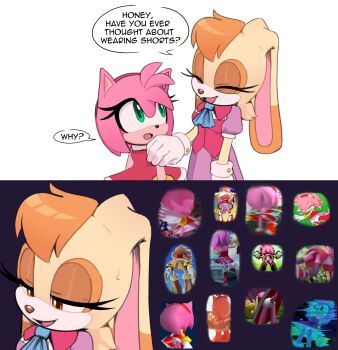 2girls amy_rose animal animal_ears animal_nose ass ass_focus back bare_back bare_legs blue_bow blue_bowtie blush boots bow bowtie bracelet breasts brown_eyes brown_fur brown_hair closed_eyes dress ears english_text eyelashes furry furry_female gloves gold_bracelet green_eyes hairband half-closed_eyes hedgehog highres hologram jewelry kneehighs legs long_ears long_eyelashes looking_at_another mature_female medium_hair minidress multicolored_hair multiple_girls open_mouth panties panty_focus pink_dress pink_fur pink_hair pink_panties puffy_short_sleeves puffy_sleeves purple_dress purple_socks rabbit rabbit_ears red_dress red_hairband sega shoes short_sleeves sleeveless sleeveless_dress smile sneakers socks sonic_(series) sonic_advance sonic_advance_(series) sonic_adventure sonic_adventure_2 sonic_boom_(series) sonic_dash sonic_frontiers sonic_heroes sonic_the_hedgehog sonic_the_hedgehog_(2006) sonic_unleashed sonic_x sweadrop sweat sweatdrop tail talking third-party_edit tms_entertainment toonsite two-tone_fur two-tone_hair underwear vanilla_the_rabbit white_gloves white_panties