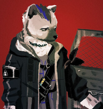 1boy arknights armband black_coat black_jacket coat commentary_request furry furry_male gloves hood hooded_jacket hyena_boy hyena_ears infection_monitor_(arknights) jacket male_focus mugioec multicolored_hair red_background rhodes_island_logo_(arknights) shirt simple_background solo spot_(arknights) streaked_hair upper_body