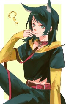 1girl ? absurdres animal_ears bang_dream! bang_dream!_it&#039;s_mygo!!!!! belt black_pants blue_eyes border collar food food_on_face geosmichi77 highres hood hood_down hoodie layered_sleeves leash long_sleeves midriff_peek outside_border pants red_belt red_collar short_over_long_sleeves short_sleeves solo tail white_border wolf_ears wolf_girl wolf_tail yahata_umiri yellow_hoodie