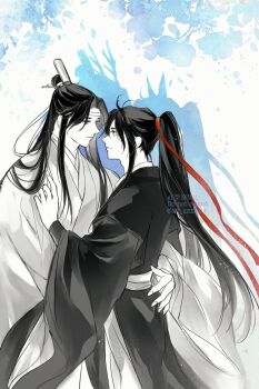 2boys ahoge aki_uzuzame bishounen black_hair black_hanfu blue_flower chinese_clothes closed_mouth commentary couple different_shadow eye_contact face-to-face falling_petals flower greyscale_with_colored_background hair_ribbon hanfu headband high_ponytail highres hug lan_wangji light_particles long_hair long_sleeves looking_at_another male_focus modao_zushi monochrome multiple_boys petals ponytail profile red_ribbon ribbon robe sash shadow sidelocks smile spot_color standing symbol-only_commentary topknot twitter_username very_long_hair watermark wei_wuxian white_hanfu white_headband wide_sleeves xiao_guan_(headdress) yaoi