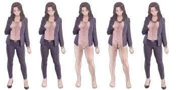 1girl absurdres barefoot belt breasts brown_hair cleavage commentary formal_clothes highres long_hair looking_at_viewer mature_female open_clothes original pantyhose purple_eyes sato-san_(yewang19) shibari shibari_under_clothes shirt simple_background solo_focus standing suit toes underwear white_background yewang19
