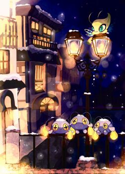 +_+ anglerfish blue_skin bridge celebi chinchou colored_skin commentary_request cross-shaped_pupils fairy_wings fins fish flying gen_2_pokemon green_eyes green_skin highres lamp lamppost legendary_pokemon mythical_pokemon night nintendo no_humans on_railing outdoors pokemon pokemon_(creature) pokemon_focus pokemon_gsc railing sitting smile snow snowing symbol-shaped_pupils toro_nika wings yellow_eyes