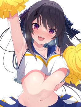 1girl :d absurdres alternate_costume ao_no_kanata_no_four_rhythm arm_up armpits black_hair black_ribbon blue_sailor_collar blue_skirt blush bouncing_breasts breasts breath cheering cheerleader cleavage clothes_lift collarbone commentary cowboy_shot eyebrows_hidden_by_hair eyelashes floating_hair hair_between_eyes hair_ornament hair_ribbon hand_up highres holding holding_pom_poms lace lace-trimmed_ribbon lace_trim large_breasts long_hair looking_at_viewer miniskirt open_mouth pleated_skirt pom_pom_(cheerleading) pom_poms pororo_(r_pororo) purple_eyes ribbon sailor_collar sailor_shirt shirt shirt_lift simple_background skirt sleeveless sleeveless_shirt smile solo stomach sweat teeth tobisawa_misaki underboob upper_teeth_only very_long_hair white_background white_shirt wind wind_lift x_hair_ornament