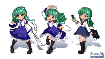 3d blue_dress blue_skirt collared_shirt detached_sleeves dress frog frog_hair_ornament gohei green_eyes green_hair hair_ornament hair_tubes highres japanese_clothes kochiya_sanae long_hair long_skirt miko nontraditional_miko school_uniform shirt skirt sleeveless sleeveless_shirt snake snake_hair_ornament solo takki_thammawan touhou white_shirt