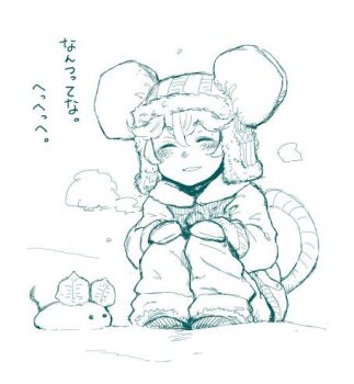 Rule 34 | 1girl, blush, breath, closed eyes, coat, commentary request, daitai konna kanji, facing ahead, facing viewer, gloves, hands on own legs, knees up, legs together, long sleeves, lowres, monochrome, mouse (animal), mouse girl, mouse tail, nazrin, pants, parted lips, simple background, sitting, sketch, smile, snow animal, solo, tail, touhou, translation request, white background, winter clothes