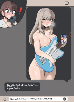 ! 2girls :3 blue_eyes blush breasts bright_pupils brown_hair choker closed_mouth collarbone commentary donburi_(donburikazoku) english_text eyebrows_hidden_by_hair girls_band_cry guitar hands_up heavy_breathing highres holding holding_guitar holding_instrument holding_phone instrument iseri_nina kawaragi_momoka large_breasts long_hair looking_at_phone looking_at_viewer medium_hair multiple_girls nipples nose_blush nude one_eye_closed phone shirt sidelocks thick_thighs thighs union_jack_print white_pupils yuri