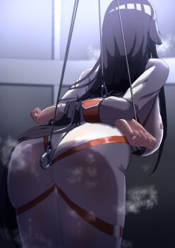 1girl ass bdsm black_hair bondage bound breasts code_geass code_geass:_dakkan_no_roze commentary_request from_behind highres indoors large_breasts long_hair long_sleeves restrained solo steam straitjacket sumeragi_sakuya suspension zetsu_red