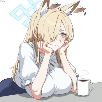 1girl :> alternate_breast_size_(larger) animal_ear_fluff animal_ears blonde_hair blue_archive blue_eyes blue_halo blue_skirt blush bow bowtie breast_rest breasts breasts_on_table clenched_hands closed_mouth coffee commentary cup dog_ears dog_girl english_commentary evil_rat eyelashes hair_over_one_eye halo hands_on_own_face hands_up highres huge_breasts kanna_(blue_archive) long_hair looking_to_the_side pleated_skirt puffy_short_sleeves puffy_sleeves school_uniform shadow shirt short_sleeves sidelocks simple_background sitting skirt smile solo steam table white_background white_bow white_bowtie white_shirt