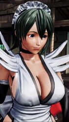1girl 3d animated apron black_hair bouncing_breasts breast_focus breasts cleavage female_focus bad_tag game_screenshot highres iroha_(samurai_spirits) jumping large_breasts lips looking_to_the_side maid maid_headdress samurai_spirits short_hair smile snk solo sound third-party_edit video wide_hips