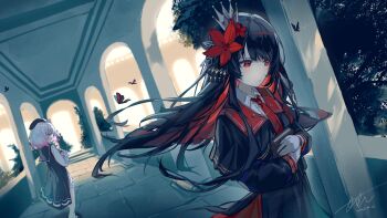 Rule 34 | 2girls, absurdres, beret, black hair, black hat, black shirt, black skirt, book, bug, butterfly, chinese commentary, closed mouth, commentary request, crown, floating hair, flower, gradient hair, hair flower, hair ornament, hat, highres, holding, holding book, insect, long hair, long sleeves, looking at another, looking back, looking to the side, mahou shoujo no majo saiban, multicolored hair, multiple girls, necktie, nikaido hiro, outdoors, pink eyes, red butterfly, red eyes, red flower, red necktie, sakuraba ema, shirt, short hair, signature, skirt, standing, stone walkway, taebitianxia, tree, white hair