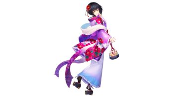 1girl anklet bag black_hair choker clogs closed_mouth floral_print flower hair_flower hair_ornament hand_up handbag highres japanese_clothes jewelry kimono long_sleeves looking_back mole mole_under_eye non-web_source ribbon_choker shawl short_hair smile solo standing takanashi_sayo thighhighs tokyo_necro_suicide_mission yellow_eyes