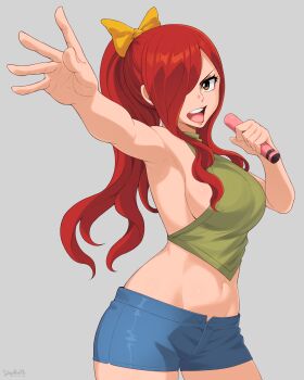 1girl absurdres alternate_hairstyle armpit_focus armpits artist_name asymmetrical_bangs backless_shirt bare_shoulders breasts brown_eyes collarbone curled_fingers denim denim_shorts erza_scarlet eyelashes fairy_tail female_focus fingernails focused grey_background groin hair_ornament hair_over_one_eye hair_ribbon halterneck hand_up high_ponytail highres large_breasts lips long_hair looking_at_viewer midriff music navel no_bra open_mouth outstretched_arm ponytail red_hair revealing_clothes ribbon shirt short_shorts shorts sideboob sidelocks signature simple_background singing sleeveless sleeveless_shirt standing stayaliveplz stomach thighs toned_stomach turtleneck turtleneck_shirt v-shaped_eyebrows wavy_hair
