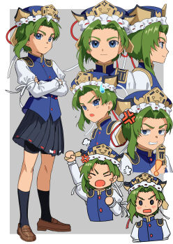 Rule 34 | !, 1girl, anger vein, angry, arm up, asuka shirou, black shorts, black skirt, black socks, blue eyes, blue hat, blue vest, blush, blush stickers, border, brown shoes, buttons, closed eyes, closed mouth, commentary, crossed arms, curtained hair, flying sweatdrops, frilled hat, frills, green hair, grey background, hair intakes, hat, highres, holding, jitome, loafers, miniskirt, multiple views, open mouth, outside border, pleated skirt, red ribbon, ribbon, ribbon-trimmed skirt, ribbon trim, rod of remorse, sanpaku, shiki eiki, shirt, shoes, short hair, shorts, shorts under skirt, simple background, single sidelock, skirt, sleeve ribbon, smile, socks, spoken anger vein, surprised, touhou, tsurime, v-shaped eyebrows, vest, white border, white ribbon, white shirt