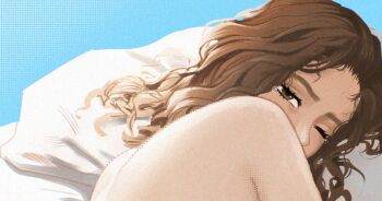 1girl artist_self-insert bare_arms bare_shoulders ben-day_dots blue_background brown_eyes brown_hair e11e el_(e11e) highres looking_at_viewer looking_back nude one_eye_closed original paid_reward_available pillow screentones tears