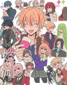 Rule 34 | 1other, 6+boys, 6+girls, absurdres, alcides (fate), alexandre dumas (fate), asclepius (fate/strange fake), aviator (fate/strange fake), bazdilot cordelion, black hair, blonde hair, blue hair, braid, captain (fate/strange fake), closed eyes, commentary request, cup, drunk, enkidu (fate), faldeus dioland, fate/strange fake, fate (series), flat escardos, francesca prelati (fate), francois prelati (fate), gilgamesh (fate), glasses, green hair, grey hair, hansa cervantes, haruri borzak, heracles (fate), highres, hippolyta (fate), holding, holding cup, icarus (fate/strange fake), jack the ripper (fate/strange fake), jacket, jester karture, knight (fate/strange fake), kuruoka tsubaki, long hair, lord el-melloi ii, medium hair, multiple boys, multiple girls, no name assassin (fate), open mouth, orion (fate/strange fake), orlando reeve, pink hair, purple hair, red hair, richard i (fate), sajou ayaka (fate/strange fake), samurai (fate/strange fake), shirt, short hair, sigma (fate), simple background, siokuran, skirt, smile, tine chelc, waver velvet, white background, wolf (fate)