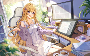 1girl :d absurdres ahoge bare_shoulders blonde_hair blurry blurry_foreground blush book cardigan chair clock coffee commentary_request computer_keyboard computer_mouse cowboy_shot cup digital_clock drawing_tablet dress flower frilled_dress frills hand_up headphones highres indoors long_hair long_sleeves miyanami_3 monitor mug open_cardigan open_clothes open_mouth original purple_cardigan purple_eyes sitting sleeveless sleeveless_dress smile solo vase white_dress